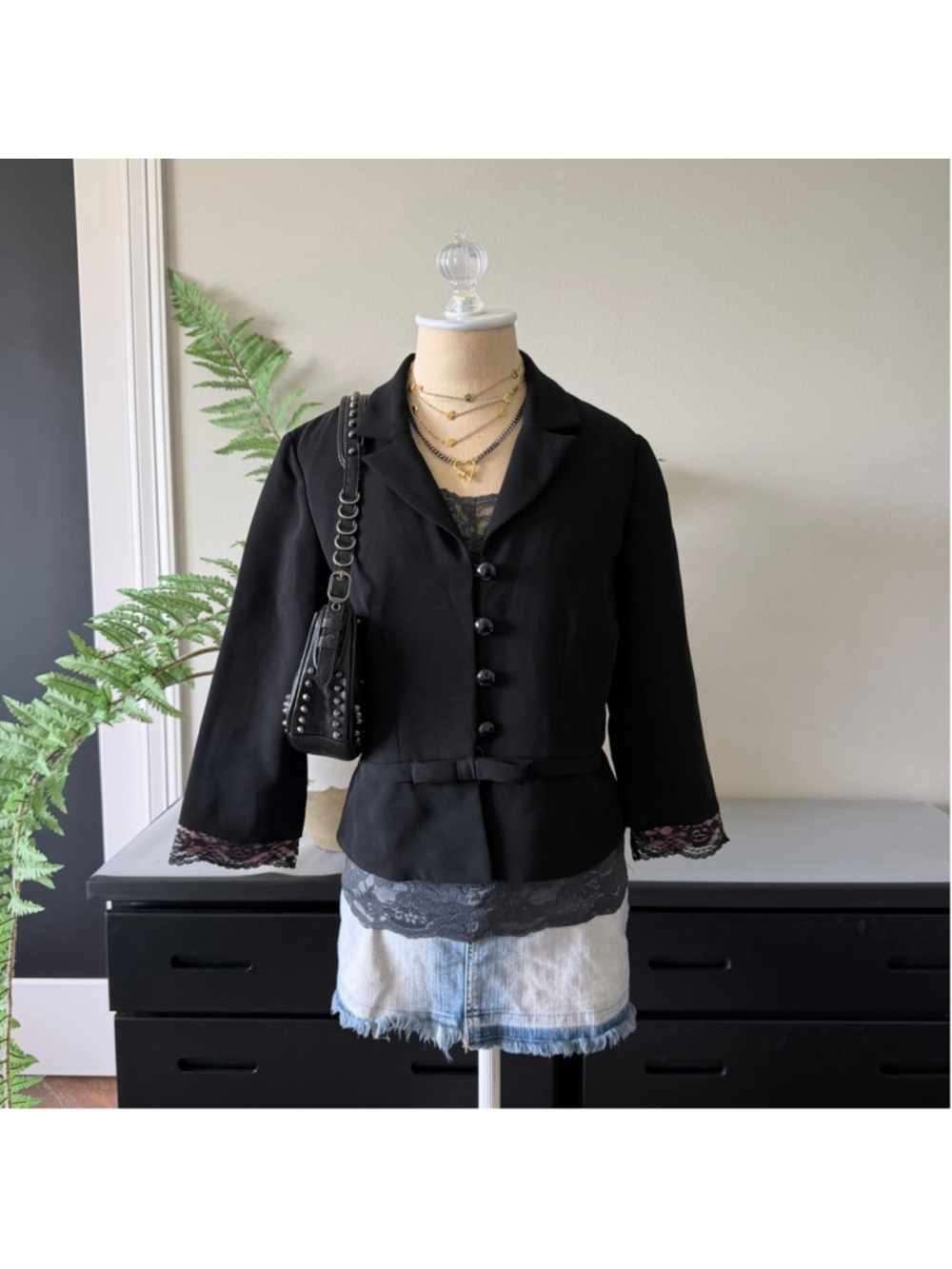 VTG 90s Jessica Howard Black Lace Trim Coquette Blazer Size M